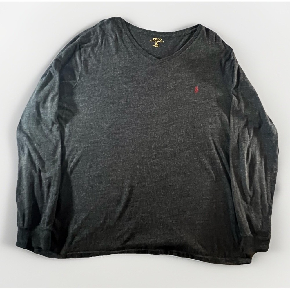 Polo Ralph‎ Lauren Men's Long Sleeve V-Neck T-Shirt Gray Red Pony Logo XL Cotton